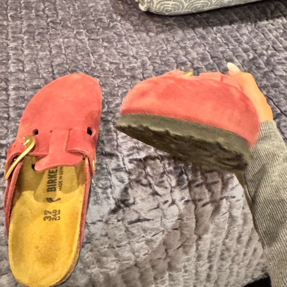 Birkenstock Maroon Suede Boston Clogs with Gold Buckle - Picture 5 of 6